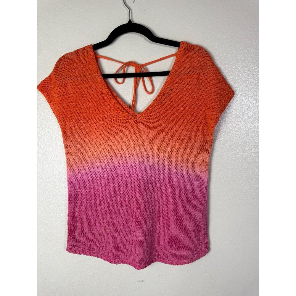 💜 Mint Velvet Womens Gradient Knit Top Back Size Small Boho Pink Orange V-Neck T